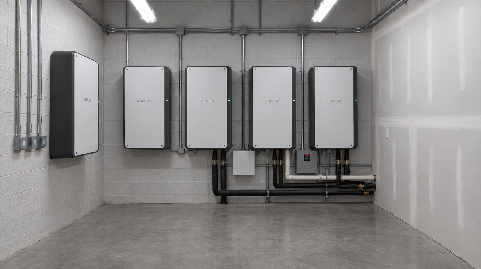 Wall-mounted Reflex compute nodes in a plant room